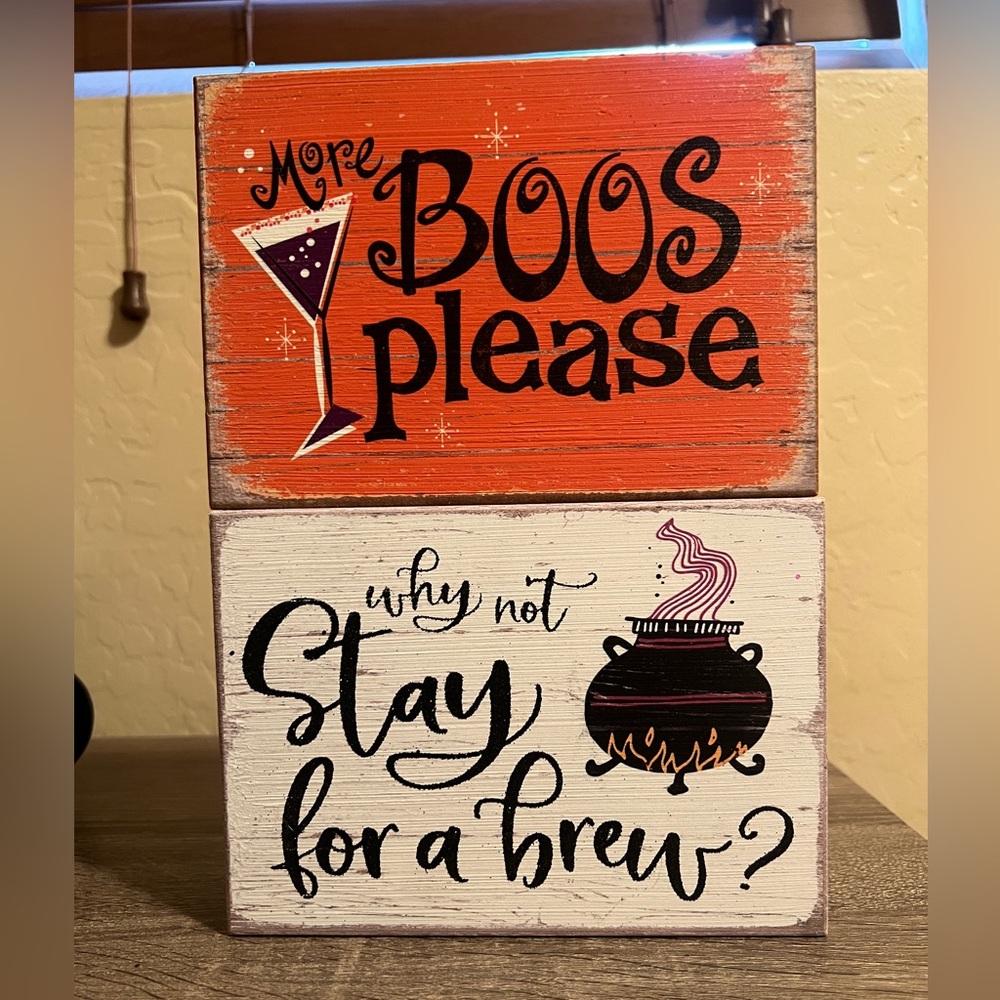 Halloween Wood Signs More Boos Please Why Not Stay For A Brew Witch Cauldron NWT